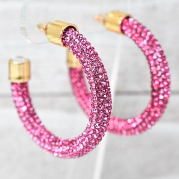 1.75" Boho Fuchsia Pave Rhinestones Hoop Earrings - Picture 5 of 12